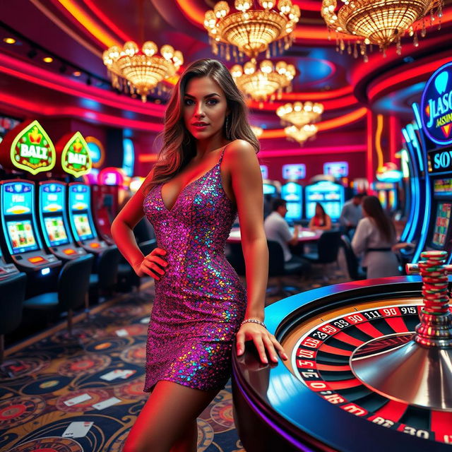 A vibrant casino scene featuring a glamorous girl in a dazzling sequined dress, sparkling with colors under the bright lights of the casino