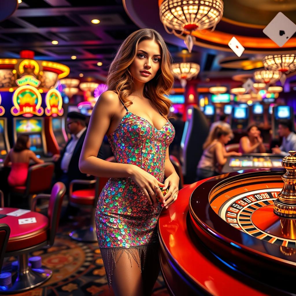 A vibrant casino scene featuring a glamorous girl in a dazzling sequined dress, sparkling with colors under the bright lights of the casino