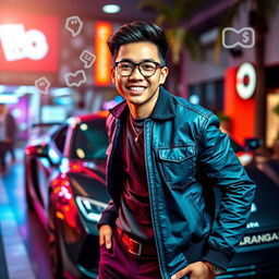 A dynamic, energetic portrait of Atta Halilintar, a popular Indonesian YouTuber and entrepreneur, captured in a vibrant urban setting