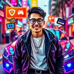 A dynamic, energetic portrait of Atta Halilintar, a popular Indonesian YouTuber and entrepreneur, captured in a vibrant urban setting