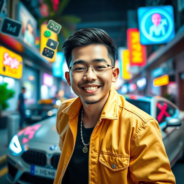 A dynamic, energetic portrait of Atta Halilintar, a popular Indonesian YouTuber and entrepreneur, captured in a vibrant urban setting