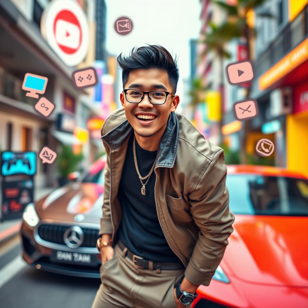 A dynamic, energetic portrait of Atta Halilintar, a popular Indonesian YouTuber and entrepreneur, captured in a vibrant urban setting