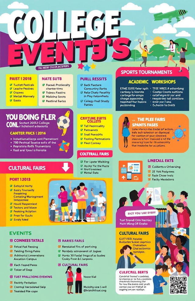 A colorful and engaging promotional catalog for college events, featuring a diverse range of activities such as music festivals, sports tournaments, academic workshops, and cultural fairs