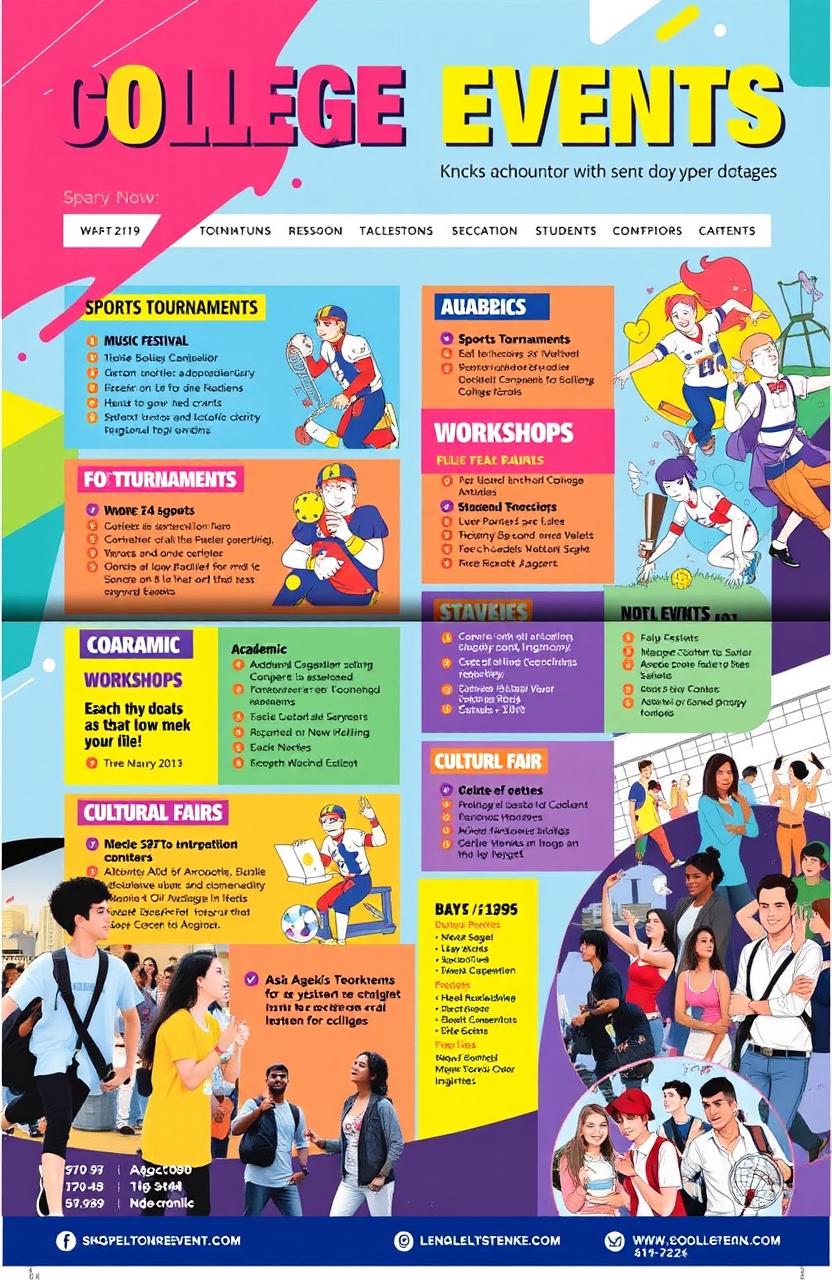 A colorful and engaging promotional catalog for college events, featuring a diverse range of activities such as music festivals, sports tournaments, academic workshops, and cultural fairs