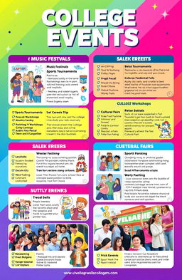 A colorful and engaging promotional catalog for college events, featuring a diverse range of activities such as music festivals, sports tournaments, academic workshops, and cultural fairs