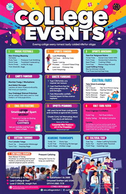A colorful and engaging promotional catalog for college events, featuring a diverse range of activities such as music festivals, sports tournaments, academic workshops, and cultural fairs