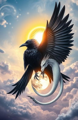 A captivating fantasy scene featuring a majestic raven with shimmering black feathers and a regal white dragon with iridescent scales, both gracefully encircling a radiant sun and a glowing moon