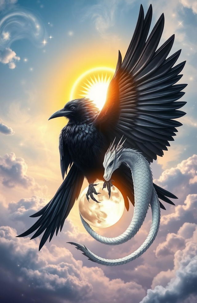 A captivating fantasy scene featuring a majestic raven with shimmering black feathers and a regal white dragon with iridescent scales, both gracefully encircling a radiant sun and a glowing moon