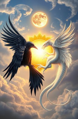 A captivating fantasy scene featuring a majestic raven with shimmering black feathers and a regal white dragon with iridescent scales, both gracefully encircling a radiant sun and a glowing moon