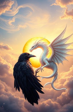 A captivating fantasy scene featuring a majestic raven with shimmering black feathers and a regal white dragon with iridescent scales, both gracefully encircling a radiant sun and a glowing moon