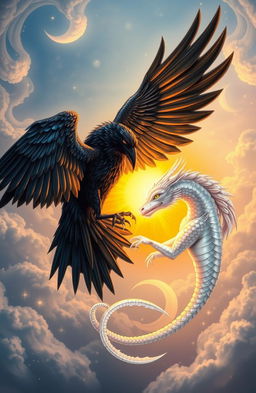 A captivating fantasy scene featuring a majestic raven with shimmering black feathers and a regal white dragon with iridescent scales, both gracefully encircling a radiant sun and a glowing moon