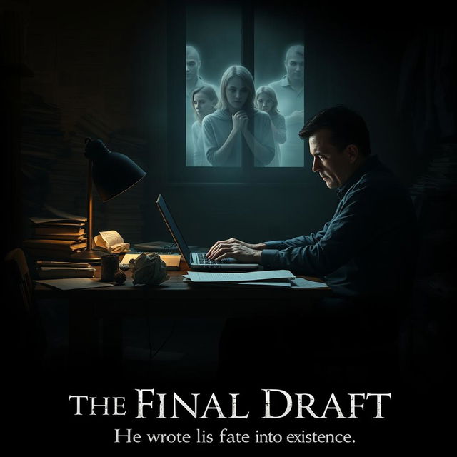 A cinematic movie poster featuring a dark and moody scene of a solitary author sitting at a cluttered work table, deeply focused on his laptop as he types