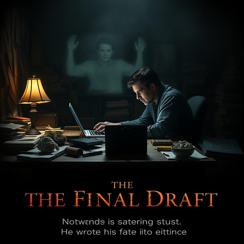 A cinematic movie poster featuring a dark and moody scene of a solitary author sitting at a cluttered work table, deeply focused on his laptop as he types