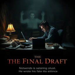 A cinematic movie poster featuring a dark and moody scene of a solitary author sitting at a cluttered work table, deeply focused on his laptop as he types