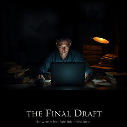 A cinematic movie poster featuring a dark and moody scene of a solitary author sitting at a cluttered work table, deeply focused on his laptop as he types