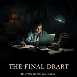 A cinematic movie poster featuring a dark and moody scene of a solitary author sitting at a cluttered work table, deeply focused on his laptop as he types