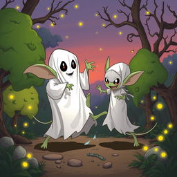 An exhilarating and humorous illustration of a Tuyul, a mischievous ghost from Indonesian folklore known for its childlike appearance, playfully battling a Pocong, a ghost wrapped in a burial shroud