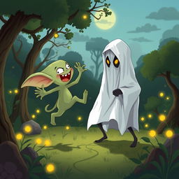An exhilarating and humorous illustration of a Tuyul, a mischievous ghost from Indonesian folklore known for its childlike appearance, playfully battling a Pocong, a ghost wrapped in a burial shroud