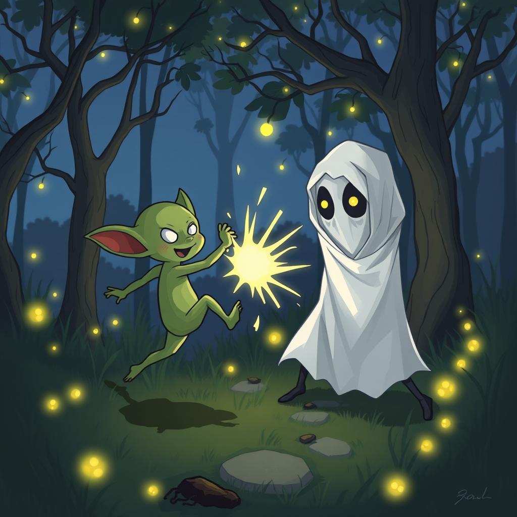 An exhilarating and humorous illustration of a Tuyul, a mischievous ghost from Indonesian folklore known for its childlike appearance, playfully battling a Pocong, a ghost wrapped in a burial shroud