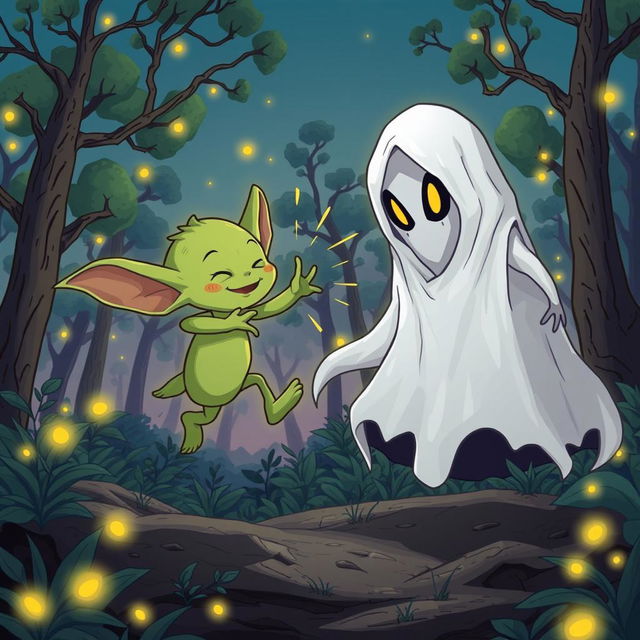 An exhilarating and humorous illustration of a Tuyul, a mischievous ghost from Indonesian folklore known for its childlike appearance, playfully battling a Pocong, a ghost wrapped in a burial shroud