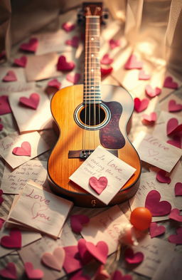A romantic scene featuring beautifully crafted love letters scattered around, adorned with hand-drawn hearts in shades of pink