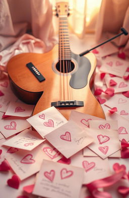A romantic scene featuring beautifully crafted love letters scattered around, adorned with hand-drawn hearts in shades of pink