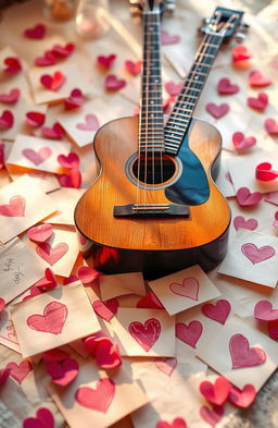 A romantic scene featuring beautifully crafted love letters scattered around, adorned with hand-drawn hearts in shades of pink