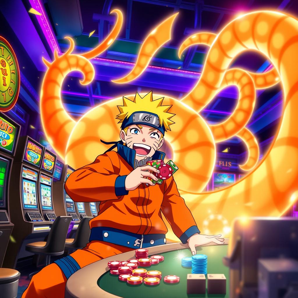 An exciting and vibrant scene of Naruto Uzumaki, the energetic ninja from the anime Naruto, joyfully playing at a casino