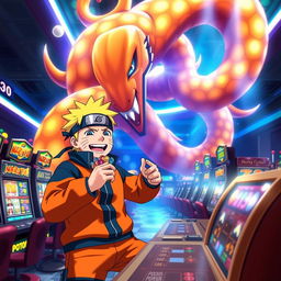 An exciting and vibrant scene of Naruto Uzumaki, the energetic ninja from the anime Naruto, joyfully playing at a casino