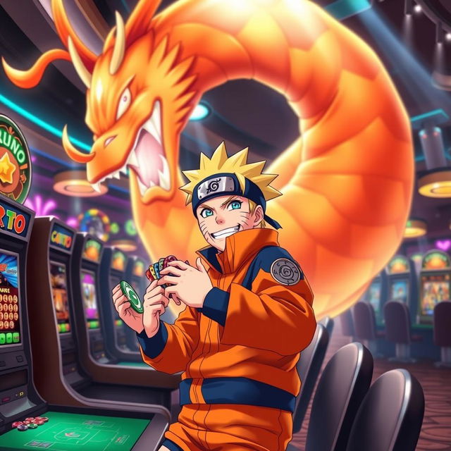 An exciting and vibrant scene of Naruto Uzumaki, the energetic ninja from the anime Naruto, joyfully playing at a casino