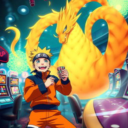 An exciting and vibrant scene of Naruto Uzumaki, the energetic ninja from the anime Naruto, joyfully playing at a casino