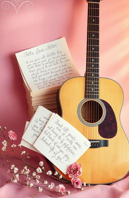 A beautifully composed scene featuring a vintage acoustic guitar leaning against a stack of elegantly handwritten love letters