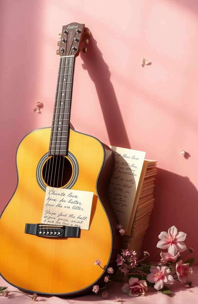 A beautifully composed scene featuring a vintage acoustic guitar leaning against a stack of elegantly handwritten love letters