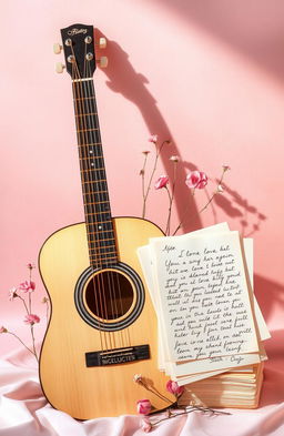 A beautifully composed scene featuring a vintage acoustic guitar leaning against a stack of elegantly handwritten love letters