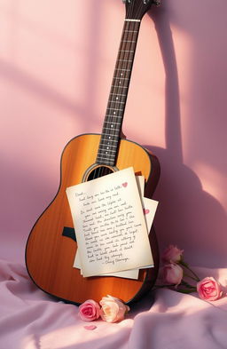 A beautifully composed scene featuring a vintage acoustic guitar leaning against a stack of elegantly handwritten love letters