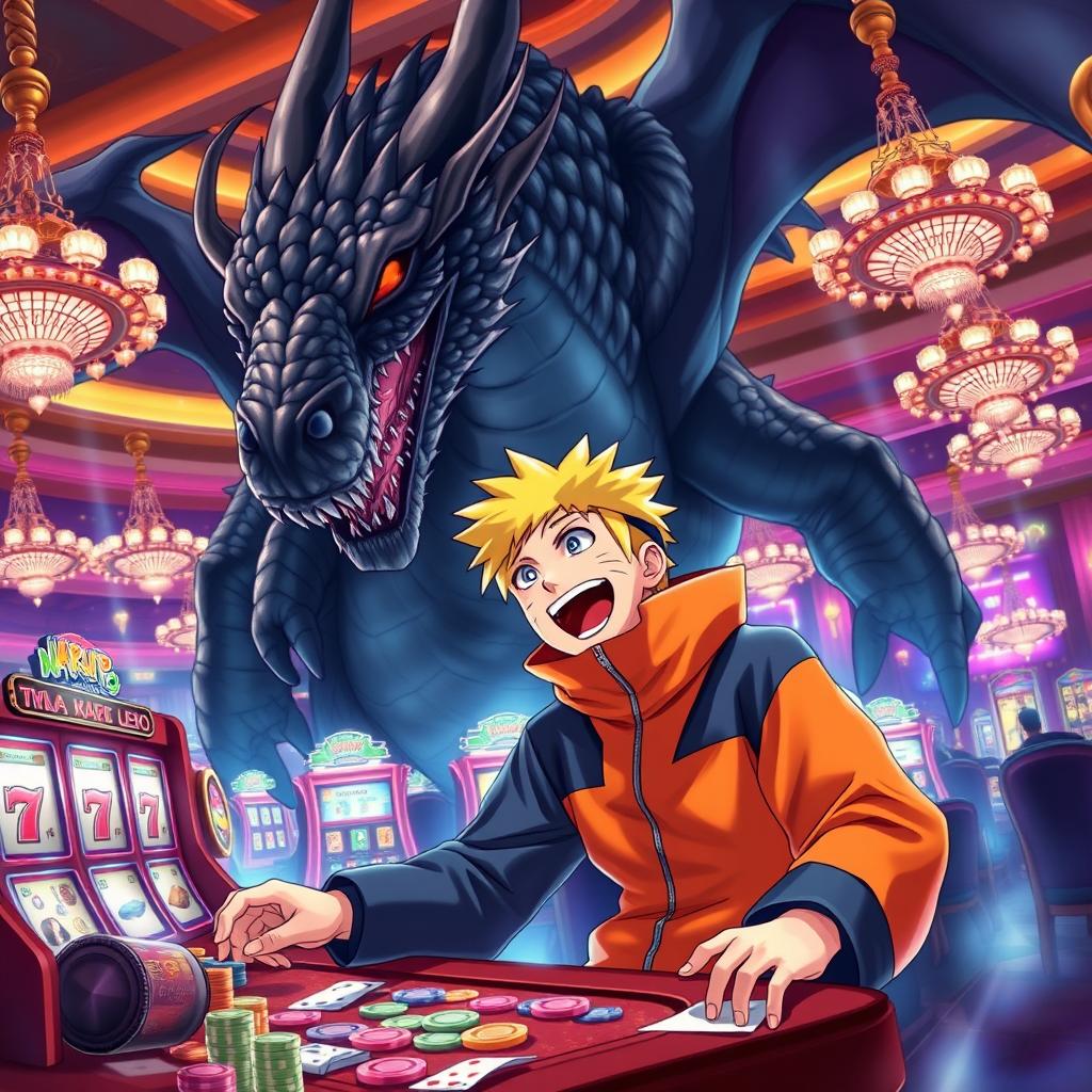 A dramatic and realistic illustration of Naruto Uzumaki, the lively ninja from the anime Naruto, joyfully playing at a casino