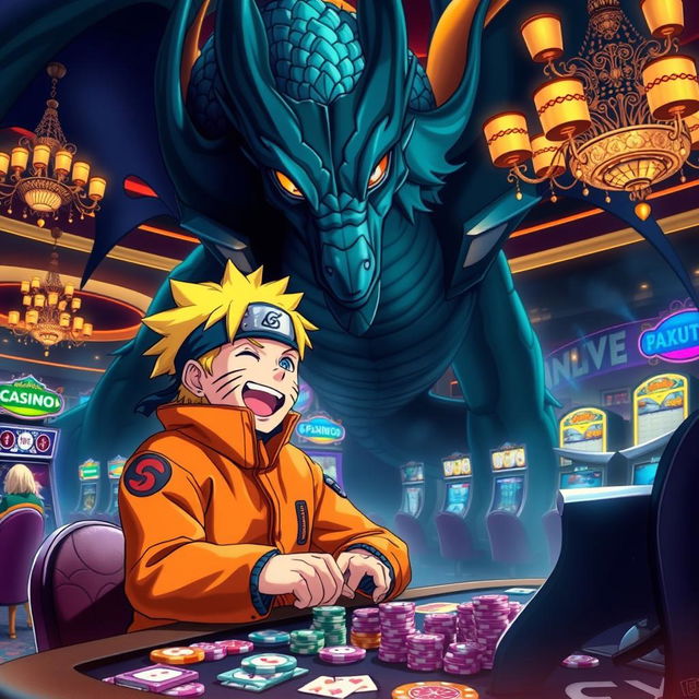 A dramatic and realistic illustration of Naruto Uzumaki, the lively ninja from the anime Naruto, joyfully playing at a casino