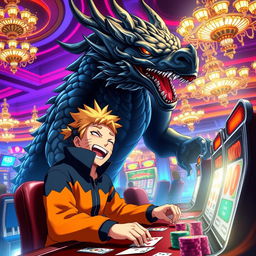 A dramatic and realistic illustration of Naruto Uzumaki, the lively ninja from the anime Naruto, joyfully playing at a casino