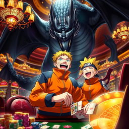 A dramatic and realistic illustration of Naruto Uzumaki, the lively ninja from the anime Naruto, joyfully playing at a casino