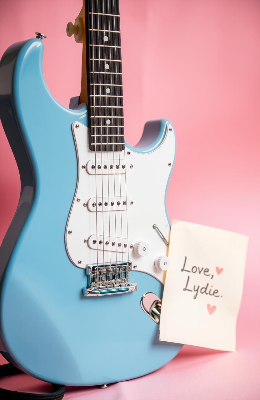 A vintage blue electric guitar elegantly positioned against a soft pink background, accompanied by a handwritten letter that reads "Love, Lydie