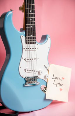 A vintage blue electric guitar elegantly positioned against a soft pink background, accompanied by a handwritten letter that reads "Love, Lydie