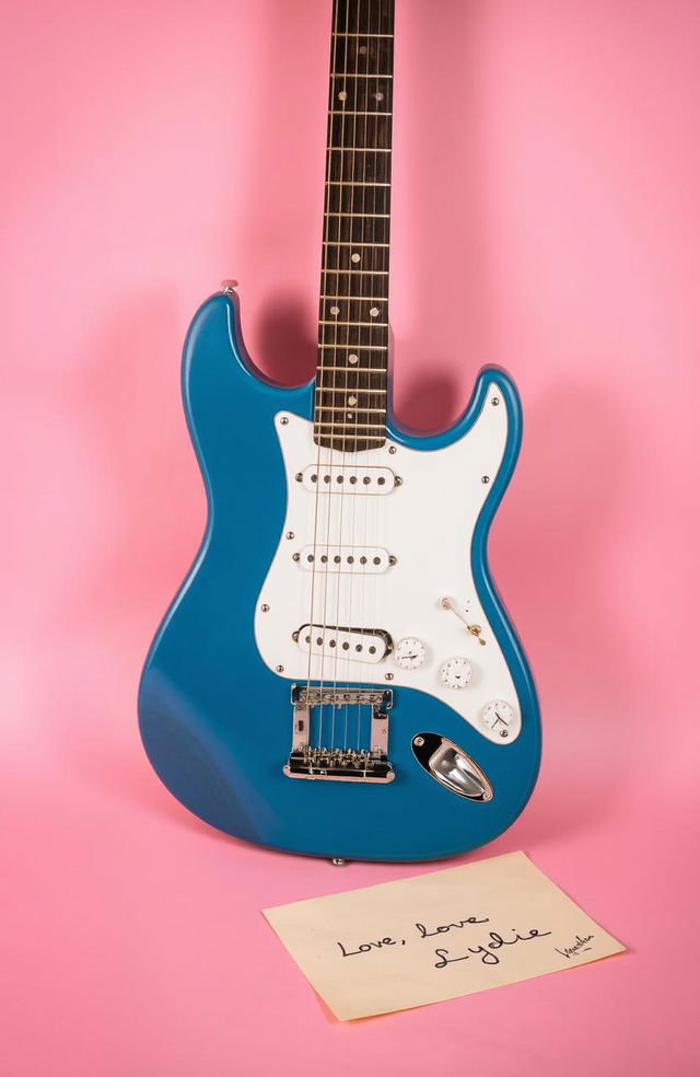 A vintage blue electric guitar elegantly positioned against a soft pink background, accompanied by a handwritten letter that reads "Love, Lydie