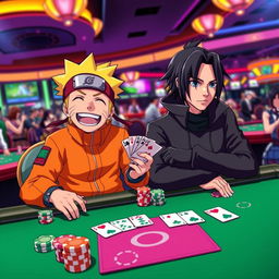 Naruto Uzumaki and Sasuke Uchiha sitting at a vibrant casino table, surrounded by colorful gaming chips and playing cards, with bright lights and lively atmosphere