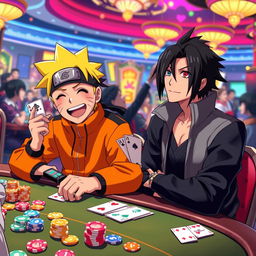 Naruto Uzumaki and Sasuke Uchiha sitting at a vibrant casino table, surrounded by colorful gaming chips and playing cards, with bright lights and lively atmosphere