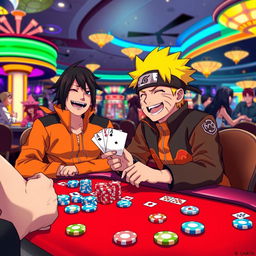 Naruto Uzumaki and Sasuke Uchiha sitting at a vibrant casino table, surrounded by colorful gaming chips and playing cards, with bright lights and lively atmosphere