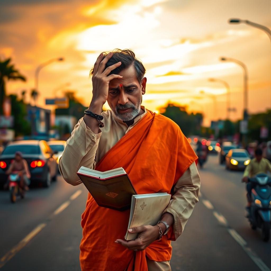 An Indian author in traditional attire, deeply contemplative, standing in the middle of a bustling road