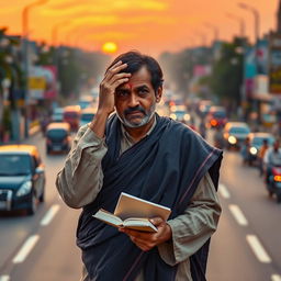 An Indian author in traditional attire, deeply contemplative, standing in the middle of a bustling road