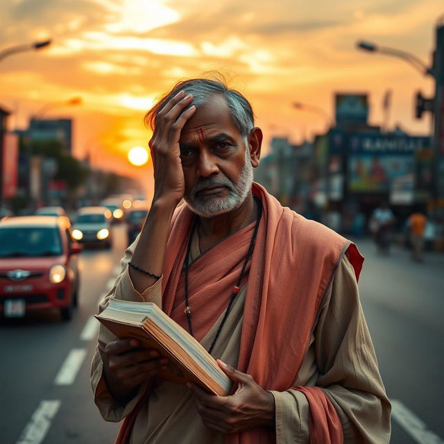 An Indian author in traditional attire, deeply contemplative, standing in the middle of a bustling road