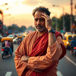 An Indian author in traditional attire, deeply contemplative, standing in the middle of a bustling road