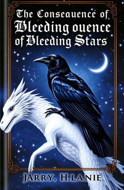 A captivating book cover depicting a striking black raven with glossy feathers perched gracefully on the back of an ethereal white dragon with shimmering scales and mesmerizing eyes